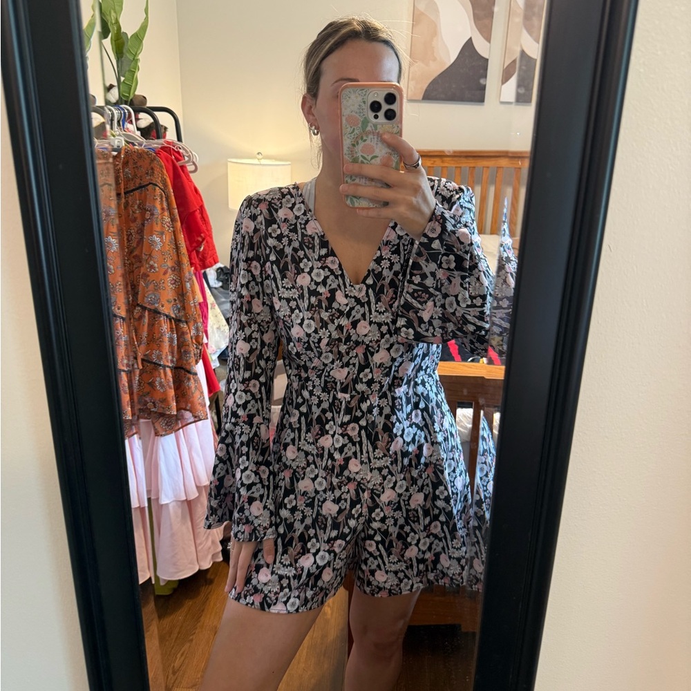 Miss Selfridge Black and Pink Floral Long Sleeve romper
